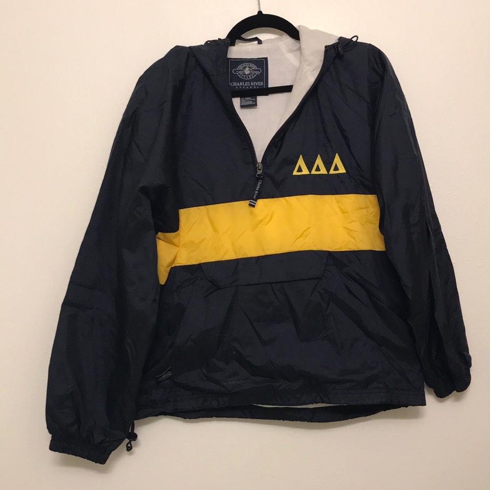 Tri Delta rain jacket with hood and front pouch